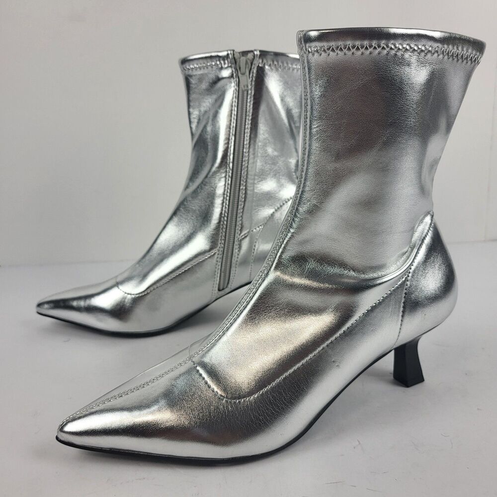 Abound Erinn Women's Silver Metallic Faux Leather Bootie Pointed Toe Size 6.5M